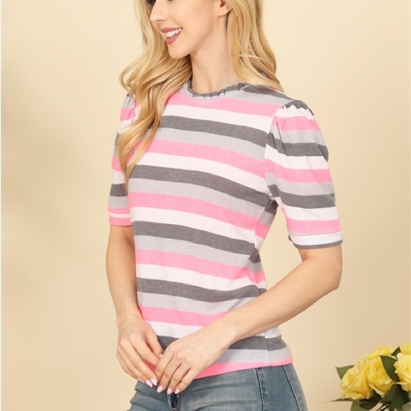 PINK MULTI STRIPES MERROW NECKLINE TOP - Picture 4 of 5